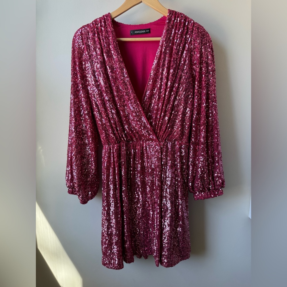 AMISSIMA Sequin Pink Mini Dress Party Cocktail Glam Brazil Date Night Glimmer S